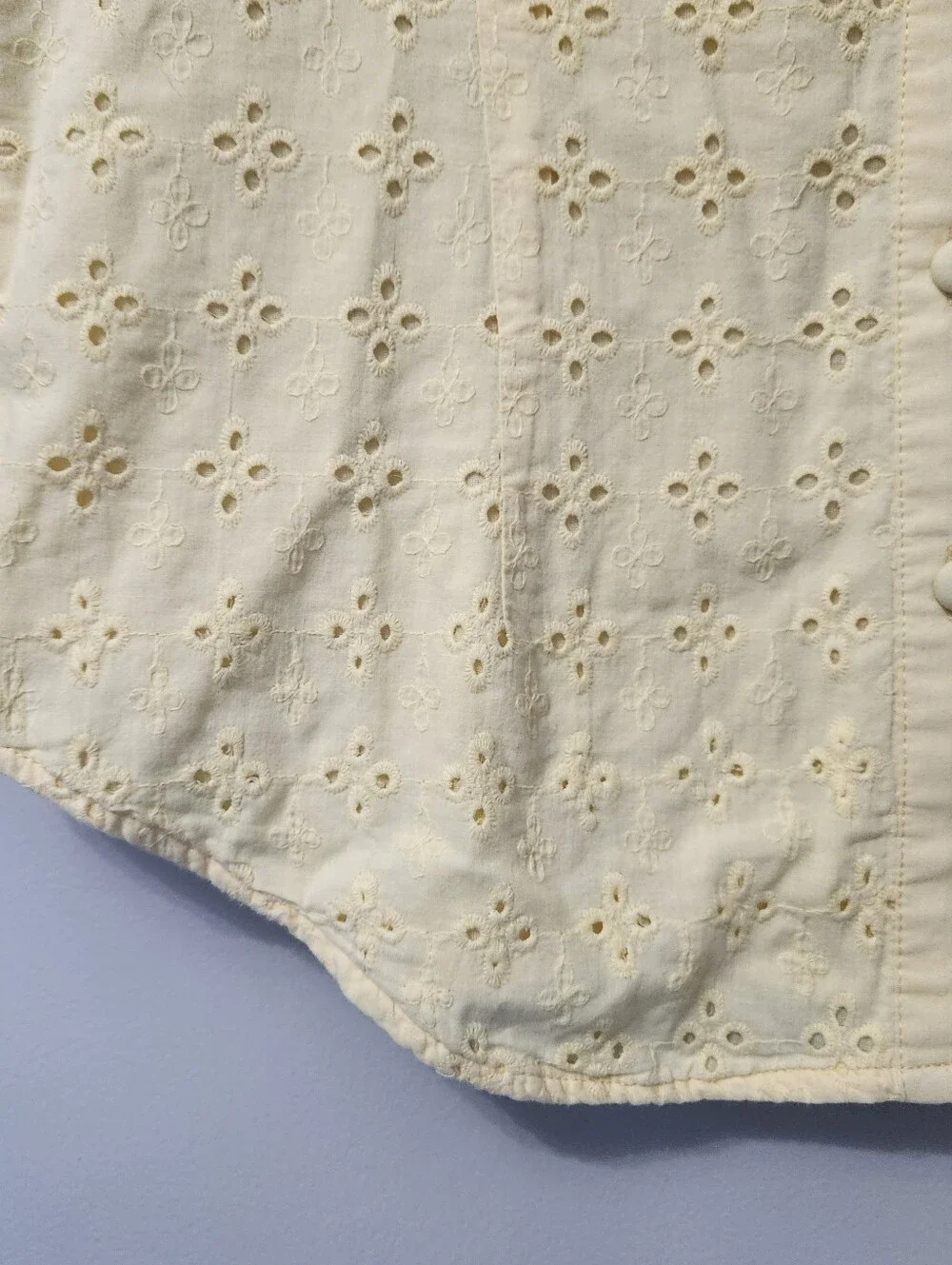 Yellow Eyelet 100% Cotton Short Sleeve Button Up Shirt Lined Floral Embroidered